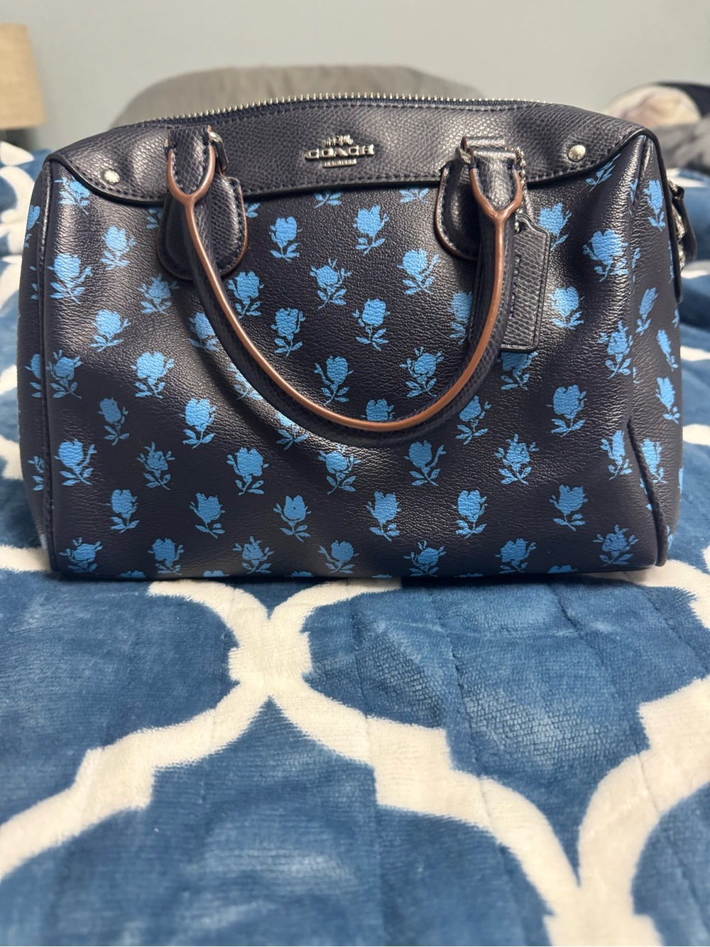 Coach Navy Leather Satchel with Light Blue Floral Print